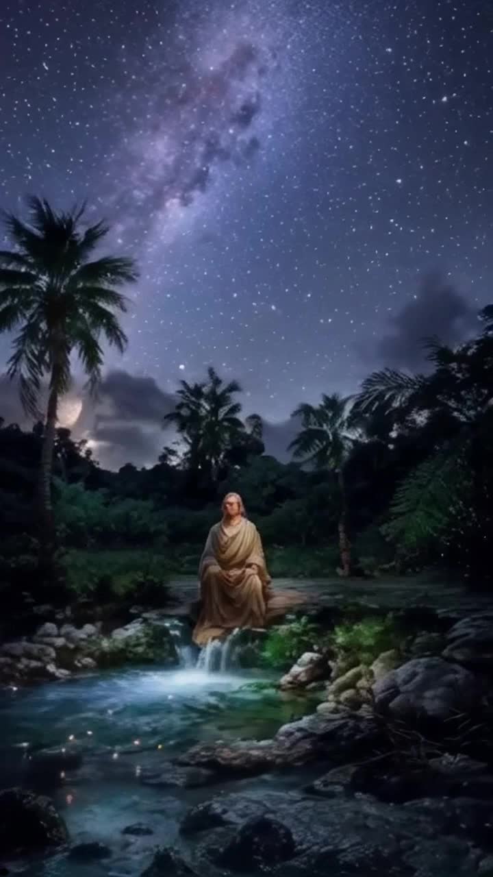 A solitary figure of Abraham draped in ancient robes sits by a tranquil spring shimmering under moonlight Starry sky above bursting with luminous fireflies twinkling like diamonds In hushed silence whispers of desert winds caress his face while shadows dance around the oasis Graceful palms sway gently as night creatures stir amidst rustling leaves Magic of twilight illuminates his contemplative gaze lost in thoughts of promises made