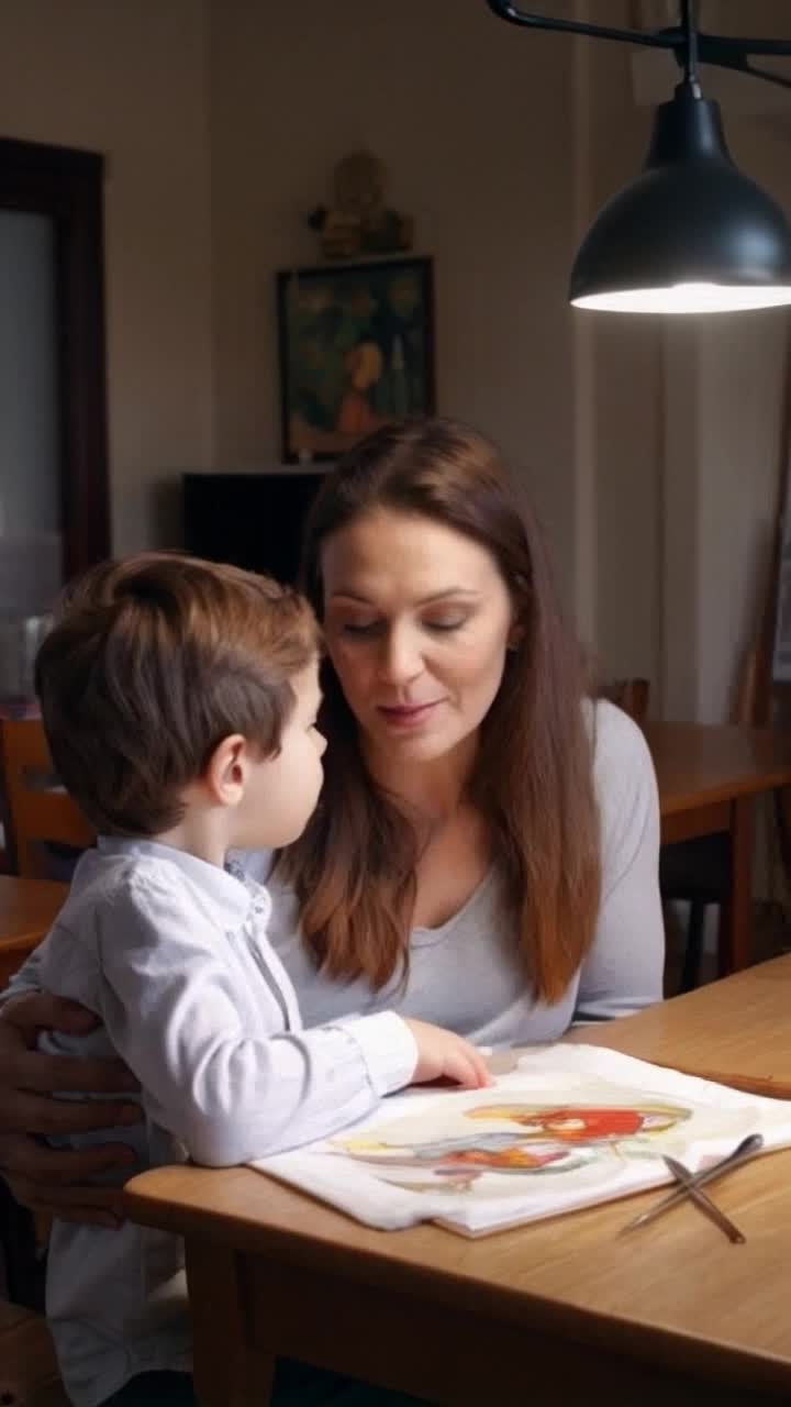 Heartwarming mother child bond depicted in detailed animation A fiveyearold schoolboy shares daily struggles with mom expressing feelings of inadequacy Exploring emotions through heartfelt dialogue Soft lighting illuminates cozy home surroundings as they interact at dining table Sympathetic music underscores communication moments in classroom revealing hidden artistic talent Mother discovers tender painting symbolizing love deepening emotional connection Emotional whispers at parentteacher meeting filled with anticipation concluding with joy upon returning home Final shot fades out showcasing artwork while soothing piano and violin melodies invite reflection