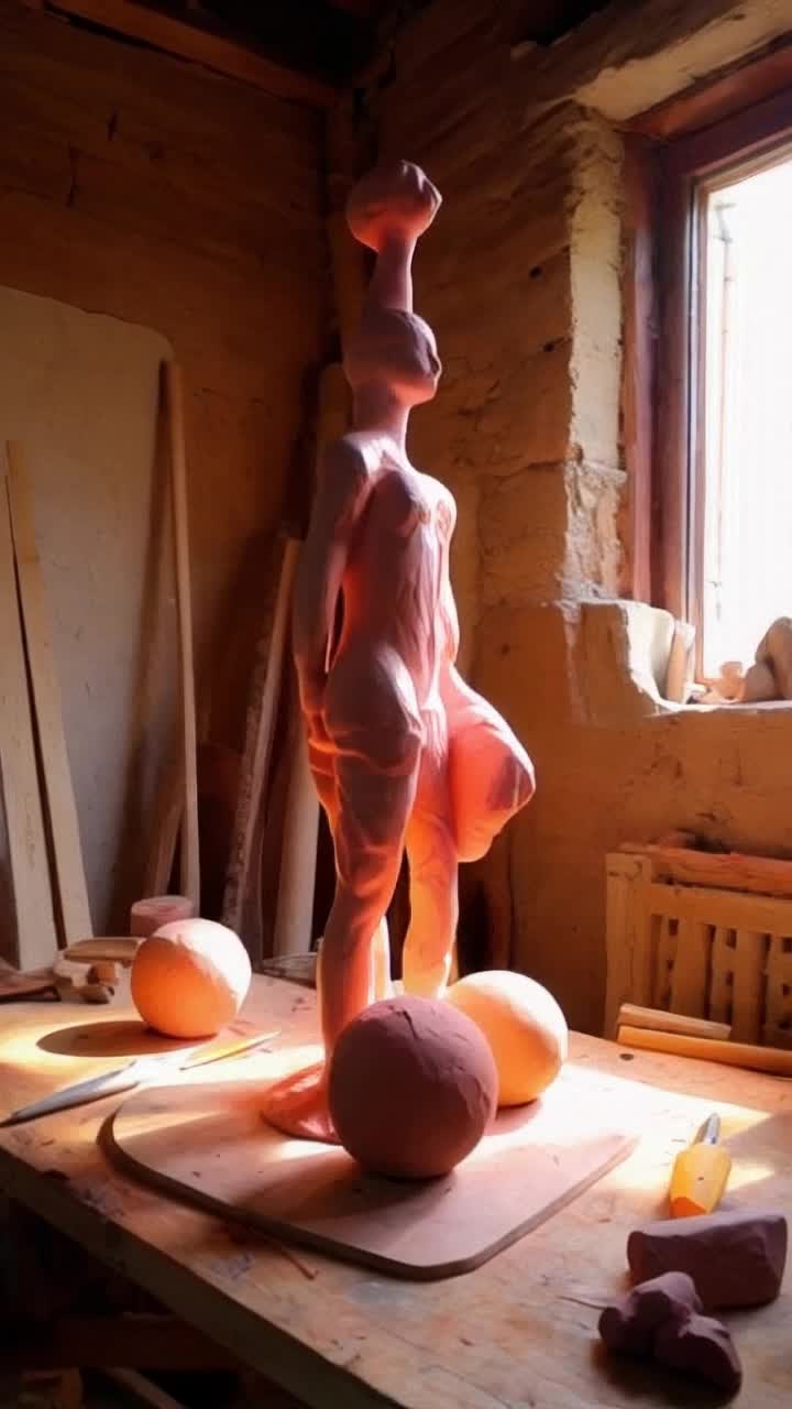Six vibrant clay spheres gracefully transform into a sleek human silhouette Radiant colors swirl and blend as shapes seamlessly meld together Clay textures ripple and flow under soft atmospheric lighting Interior workshop filled with sculpting tools scattered around Warm sunlight filters through windows casting gentle shadows on the workbench as the metamorphosis unfolds