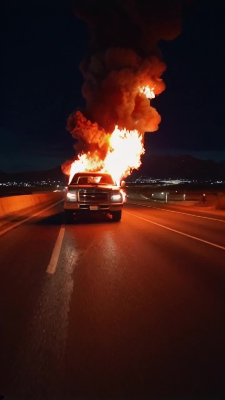 Silver pickup truck racing down vast highway under a blanket of shimmering stars flames erupting from hood consuming metal and paint illuminating night sky fiery dance casting shadows on pavement intense closeup revealing texture of charred surface dramatic glow of fire contrasting against deep blue sky surrounded by distant mountains twinkling lights of faroff towns painting a serene backdrop thrilling scene capturing chaos and beauty in slow motion