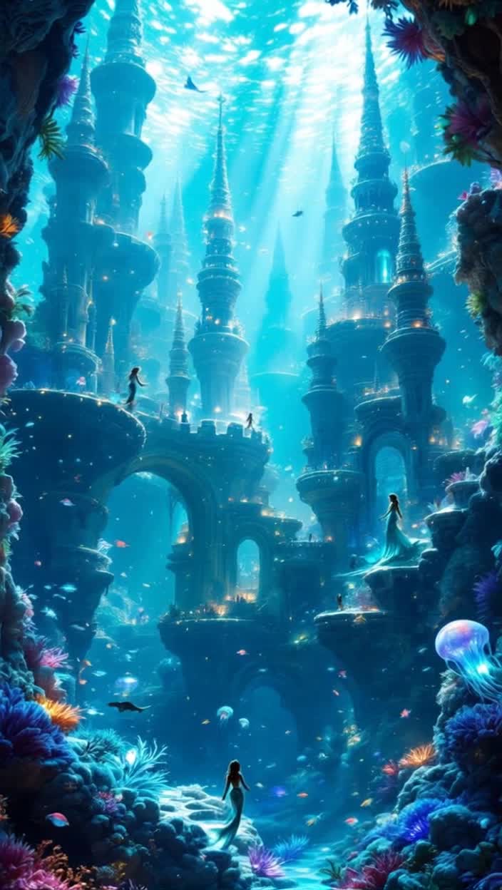 Prompt for Twistyai Luminaqua Kingdom  Merfolk MetropolisA hyperdetailed, grand 3D render showcasing an aweinspiring, luminescent underwater kingdom, bustling with dynamic merfolk life The entire scene is designed with a twisty aesthetic, featuring organic, spiraling, and flowing architectural forms that mimic coral growth and ocean currentsThe central focus is a majestic merfolk metropolis towering castles and intricate spires made of iridescent, bioluminescent coral, ancient, glowing pearls, and crystalline structures that twist upwards towards the dappled light filtering from the surface These buildings are seamlessly integrated with living, undulating marine flora, creating a sense of a truly organic, breathing cityNumerous merfolk mermaids and mermen are actively engaged throughout the scene Some are gracefully swimming in elegant, spiraling paths, their colorful, shimmering tails leaving trails of effervescent bubbles and light Others are interacting near glowing coral formations, perhaps trading bioluminescent pearls or communicating through gestures A few are seen riding on whimsical, bioluminescent aquatic creatures eg, manta rays with glowing patterns, seahorses larger than life or being pulled in intricately carved, shelllike chariots by schools of docile, glowing fish Their hair flows dynamically in the currents, adorned with delicate shells and underwater flowersThe entire environment is alive with motion and light Schools of vibrant, exotic fish dart and swirl in mesmerizing patterns through the water Giant, translucent jellyfish, radiating soft, pulsating light, drift slowly through the upper layers of the kingdom, casting ethereal glows Seaweed and anemones sway gently with the unseen currents, their tips often glowing with soft light Bubbles constantly rise from the ocean floor and from the merfolks movements, catching and reflecting the light