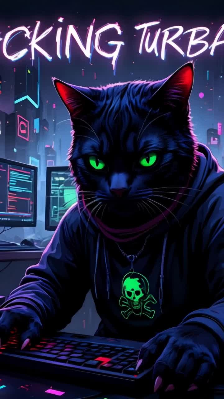 The professional hacker cat is typing away on the keyboard,  hard at work