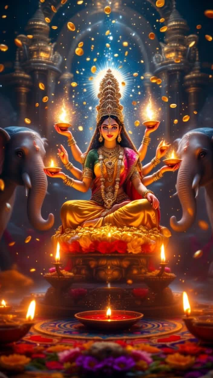 Goddess Lakshmi radiant in opulent saree surrounded by billions of flickering lamps illuminating her divine presence gracefully performing parikrama with enchanting elegance majestic elephants on either side offering refreshing Jalabhishek splashes while gold coins fall like rain from her right hand symbolizing prosperity intricately decorated four hands wielding sacred weapons capturing the spirit of celebration in vibrant hues festively adorned backdrop of Deepawali adorned with colorful rangoli vibrant flowers and joyous devotees exuding reverence creating a mesmerizing aura of abundance and joy