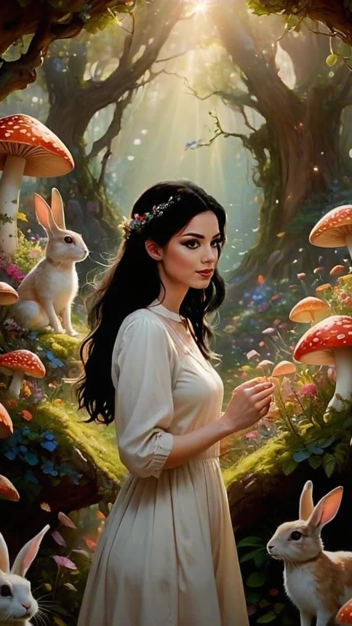 Graceful enchanting woman adorned in flowing ethereal gown gliding with poise through vibrant whimsical mushroom forest hopping playful bunnies surround her in a joyous dance enchanted flora glistens under soft golden sunlight magical portal shimmering at the trails end beckoning her closer vivid colors swirling around accentuating the dreamlike atmosphere