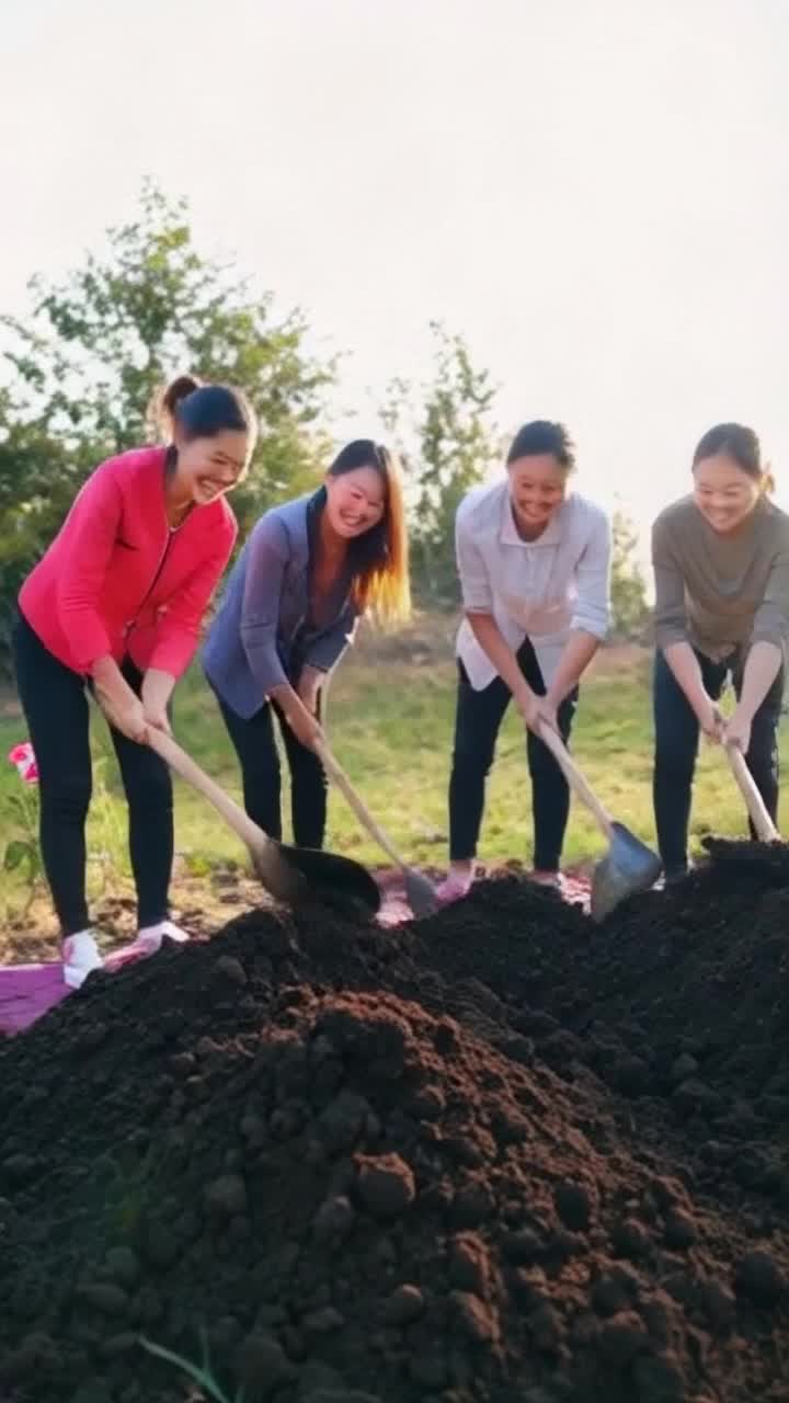 Curious neighbors gathered together with shovels in hand sharing joyful laughter and animated stories Hands digging into rich dark soil creating mounds of fresh earth Bright sunlight streaming through lush greenery reflecting vibrant flower petals in bloom Birds chirping merrily in the background creating a symphony of cheerful sounds with whispers of rustling leaves