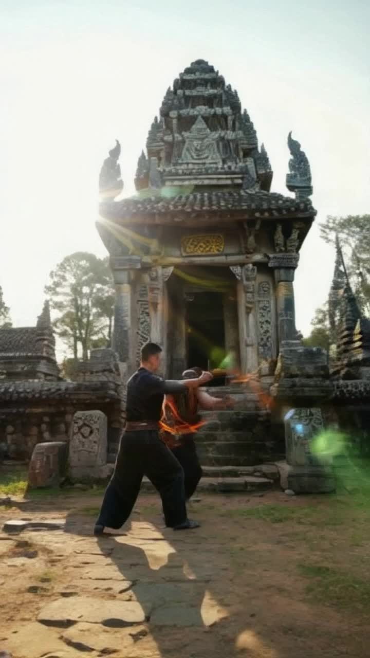 Ancient stone temples with intricate carvings standing tall under a radiant sun Two skilled warriors sparring fiercely exchanging powerful strikes and fluid movements Vibrant energy radiating from their bodies merging with mystical symbols etched in temple walls golden beams of sunlight illuminating ancient relics while lush greenery envelops the sacred site