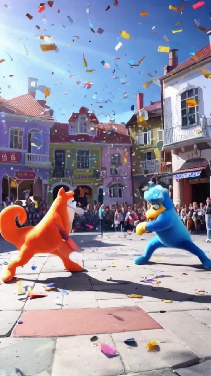 Two quirky animated characters Darwin and Gumball locked in an epic showdown swirling bright colors bursting around them electrifying energy crackling in the air Darwin lunges forward with a splash of vibrant orange while Gumball counters with a playful twist spinning into a whirlwind of blue chaos Nearby a whimsical town square filled with cartoonish buildings shakes with excitement townsfolk peering from windows cheering on their favorite fighter confetti rains down from above accentuating the wild atmosphere as the battle unfolds in a flurry of laughter and determination