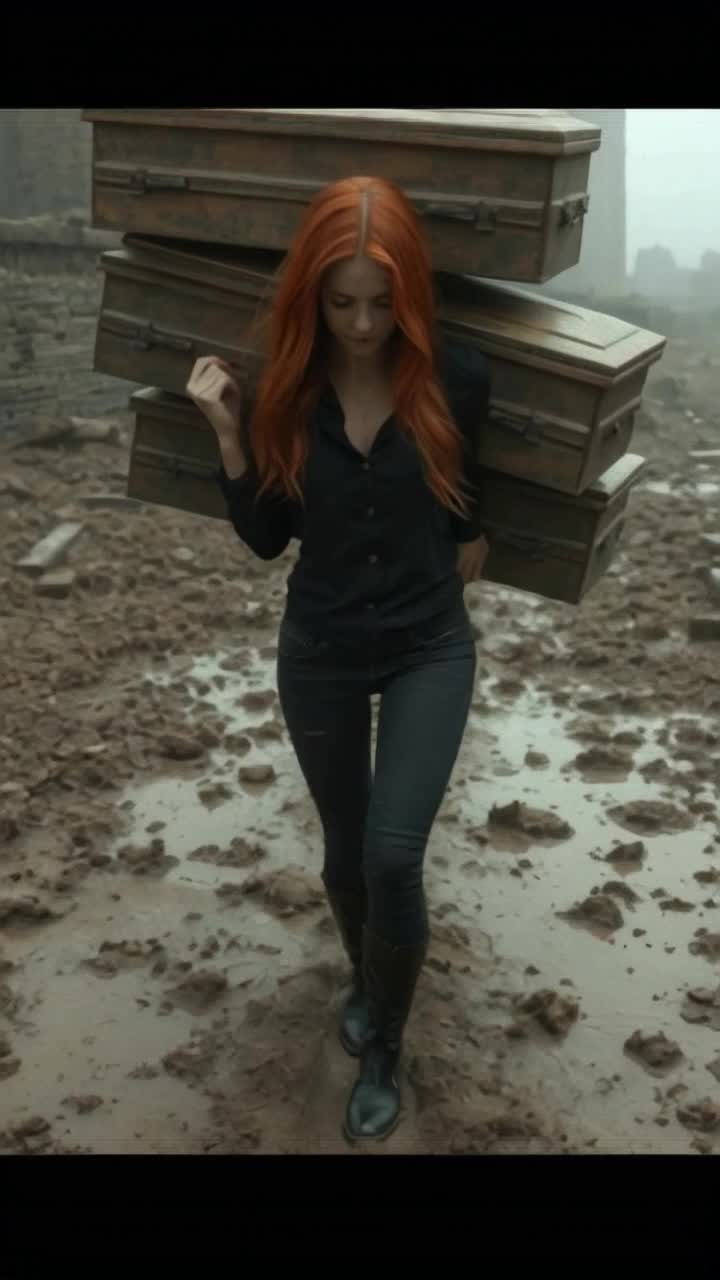 beautiful red head woman being drowned in mud, shes being pulled into the mud with many male hands dragging her screaming into the mud, shes struggling to escape but its futile as her face screams in horror, the hands jutting out of the mud pulling her down, shes dropping everything in horror