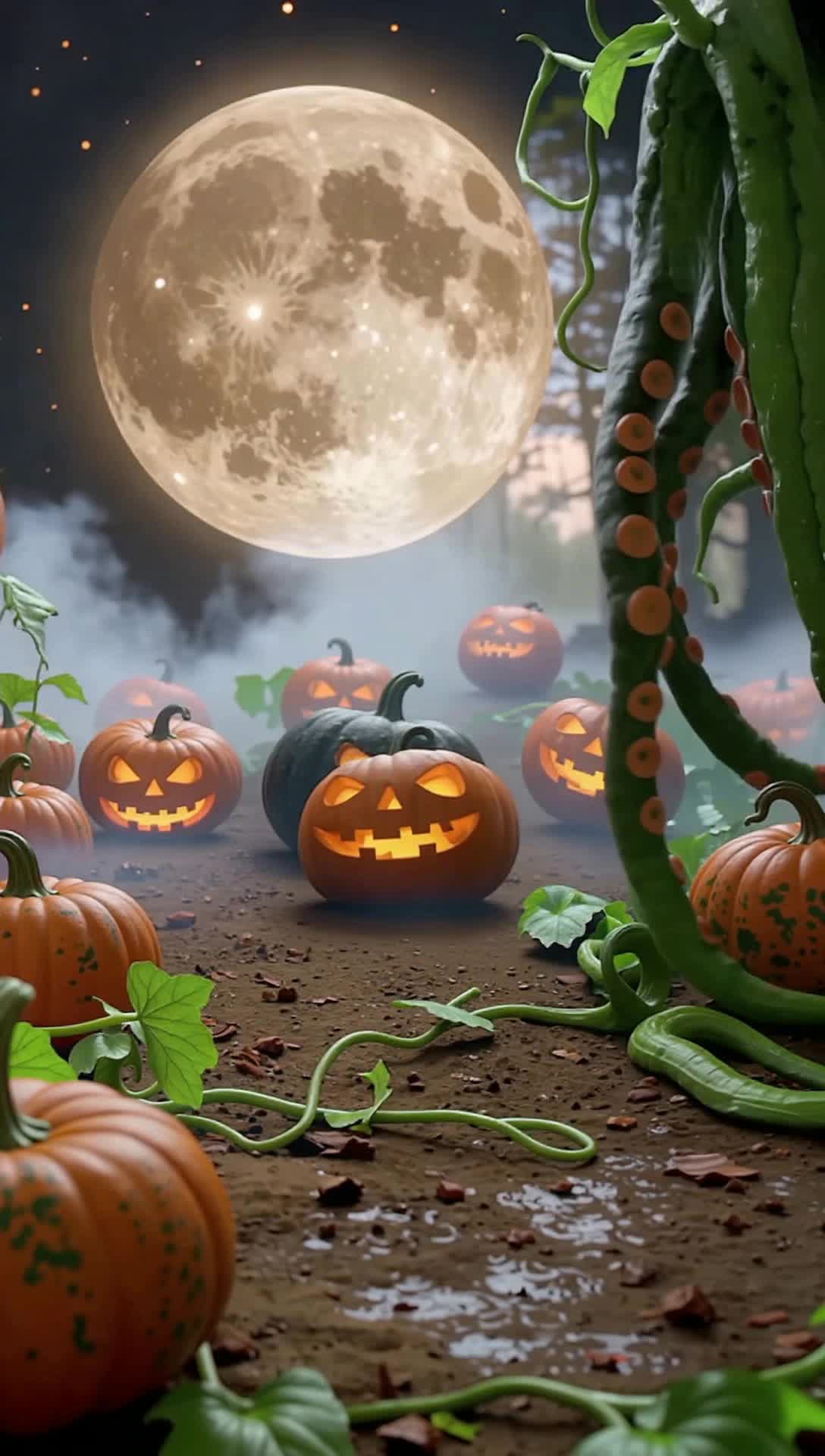 4k Cthulhu pumpkin patch with Cthulhu jackolanterns slithering around on hideous tentacle vines during a harvest moon, ultra realistic 