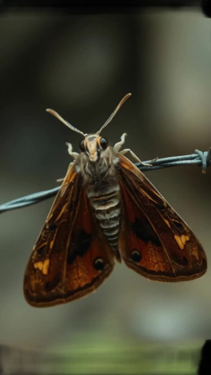 Moth landing on barbed wire flapping their wings to warm in the sunlight 