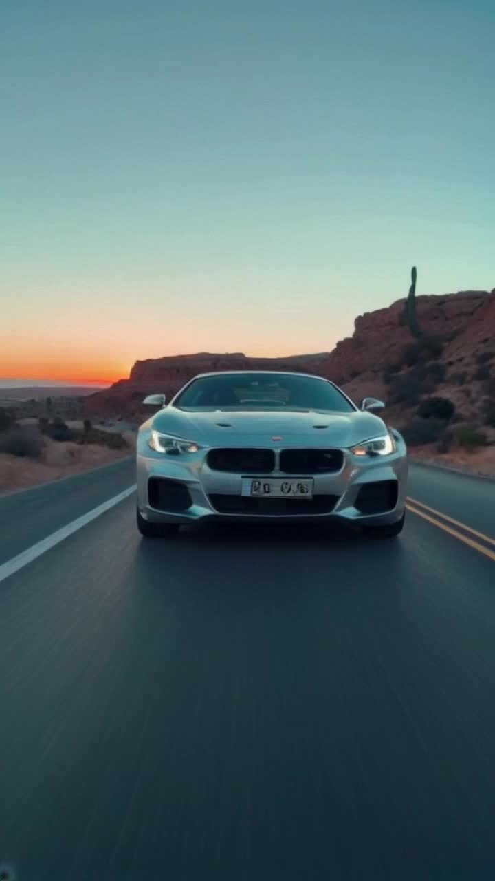 Sleek silver Corvette with glossy curves blazing down a winding desert highway  Engine roaring powerfully as it accelerates to breathtaking 300 mph  Vast turquoise sky overhead vibrant orange sun sinking on horizon rocky cliffs flanking road