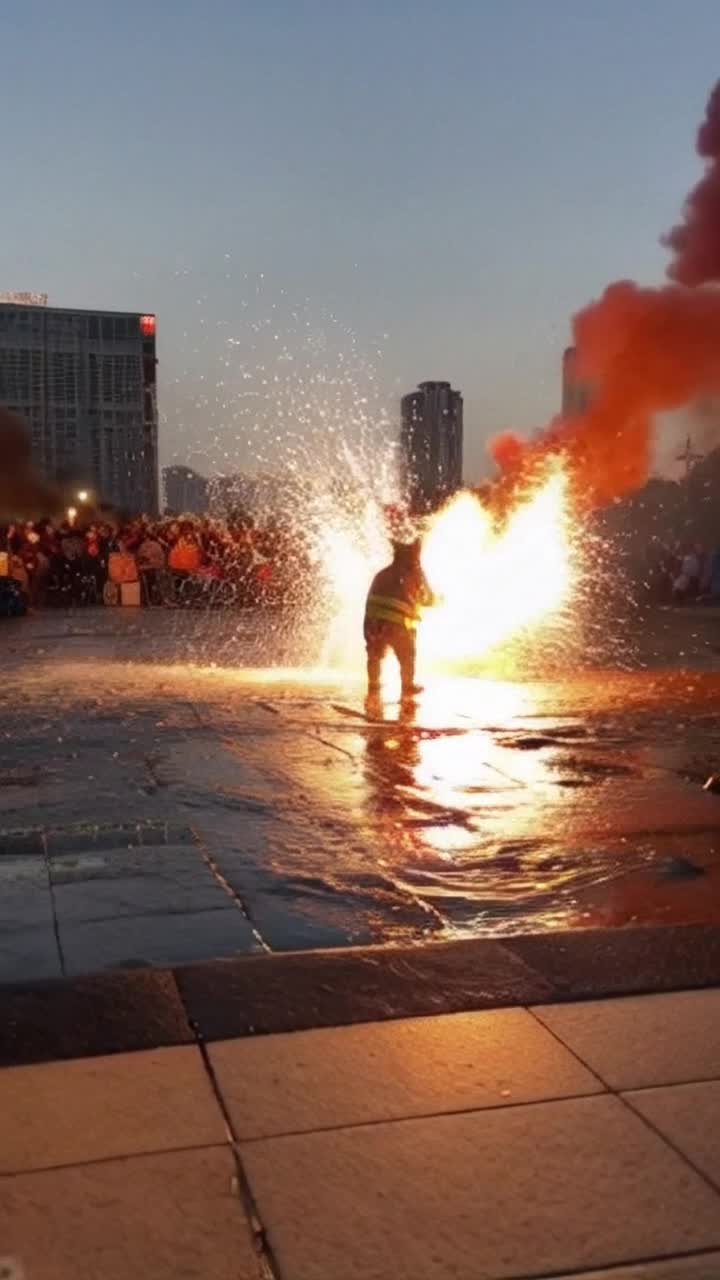 Fluffy ginger cat wearing shiny firefighter uniform bravely battling vibrant flames with tiny hose Extinguisher spraying bright bursts of water illuminating smoky backdrop Tall buildings in chaos surrounded by cheering crowd animal heroes in action