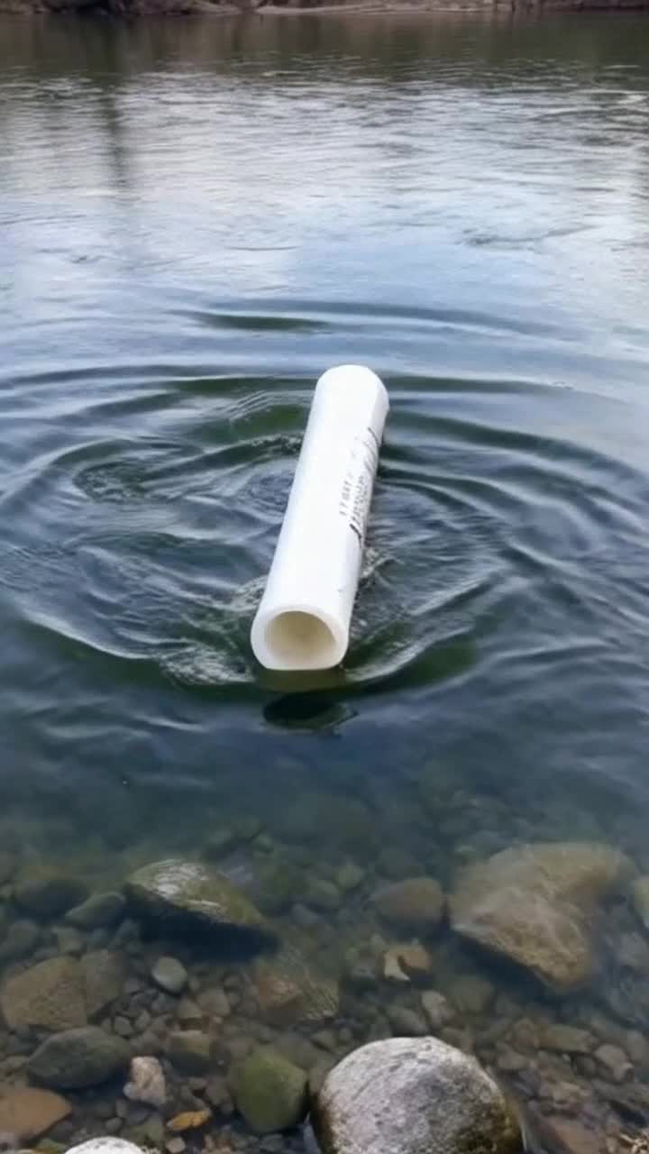 A popped white intertube sinks in a river, drifting to the bottom to snag along rocks a slow current  