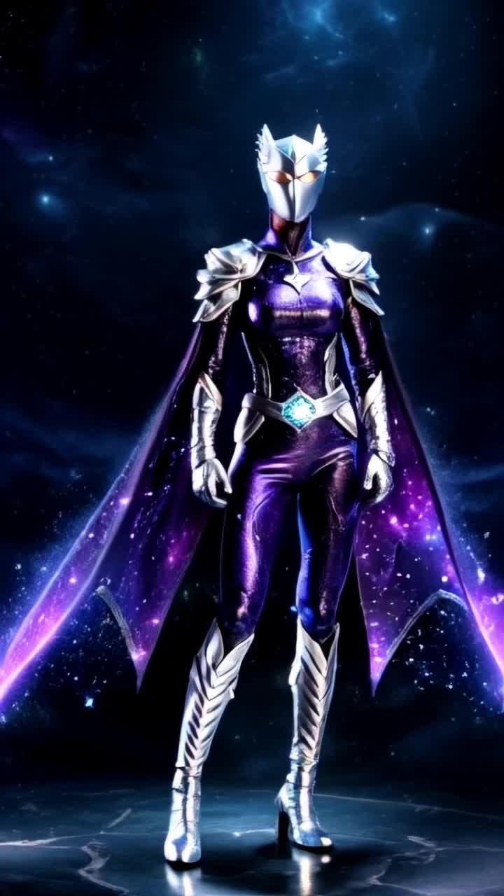 Her costume is a shimmering navytopurple jumpsuit resembling the night sky, adorned with silver armor plating etched with starry patterns A nebulalike cape flows weightlessly behind her, fastened with silver starshaped clasps Kneehigh silver boots, glowing runic gloves, and a sleek halfmask complete her look Her belt features a glowing galaxy orb, a source of power and communicationCelestara wields immense cosmic abilities manipulating starlight for energy blasts, controlling gravity to levitate or trap foes, and teleporting across the universe via star portals She has enhanced strength and agility and can heal others with her radiant touch