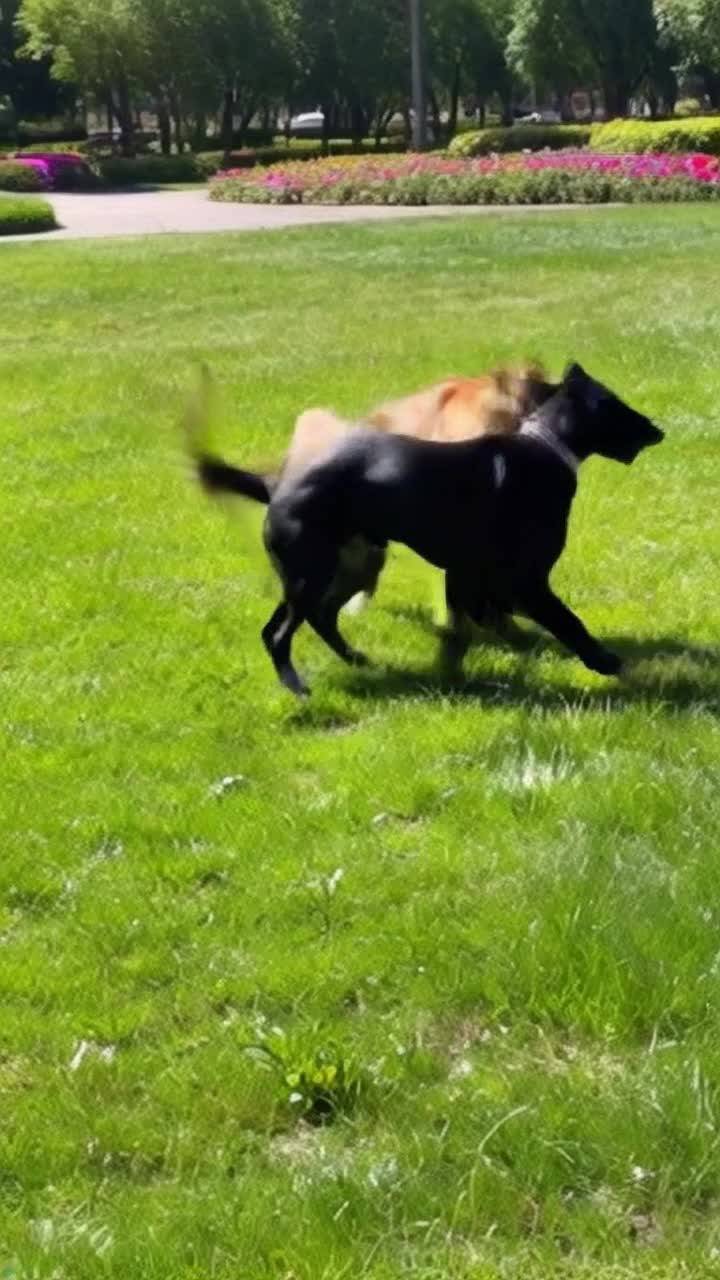 Two playful dogs twirl joyfully together in a lively dance routine  Leaping and spinning with excitement as they showcase their agility  Sunny park with vibrant green grass colorful flowers swaying in the breeze