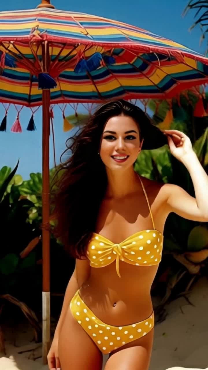 Elegant woman with flowing hair strolling gracefully along sunkissed shoreline  Ocean breeze playfully tousles strands of hair as she laughs softly  Golden sand glimmers beneath warm sunlight while waves rhythmically crash against rocks in background