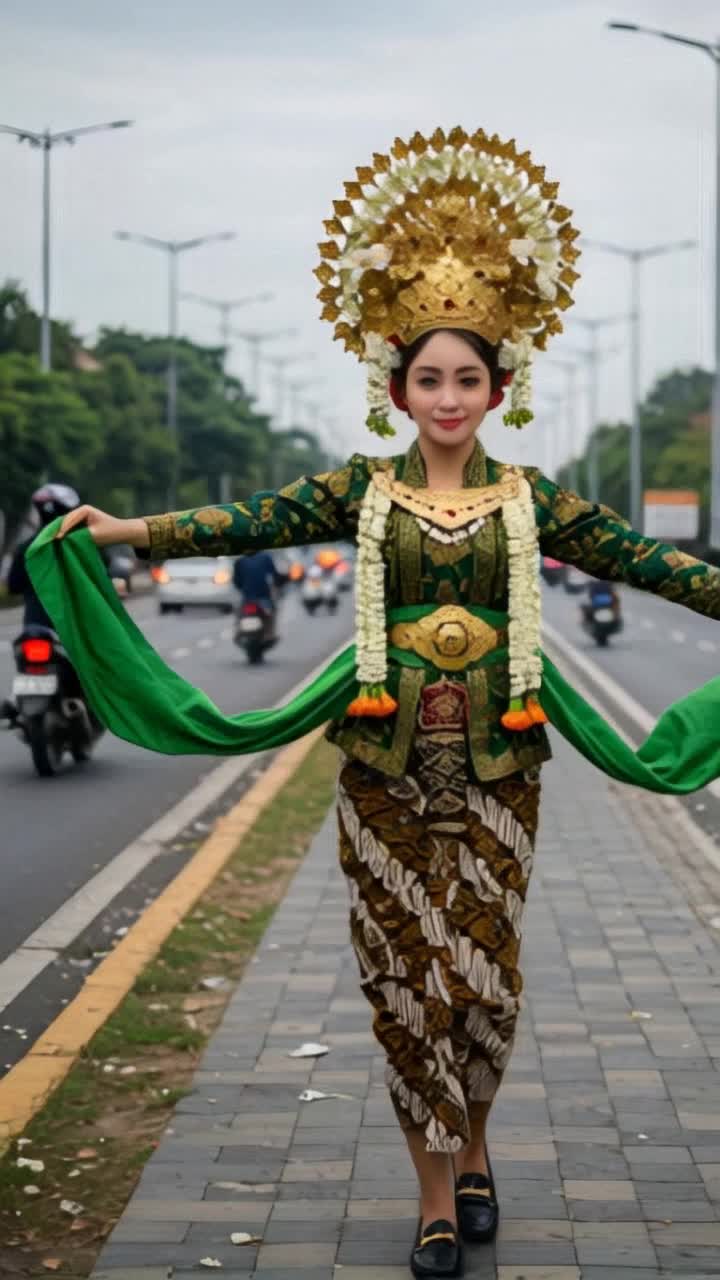 a woman walks gracefully, her head moving and her hands moving like a dance movement while shaking her shawl, cinematic video, camera from the side