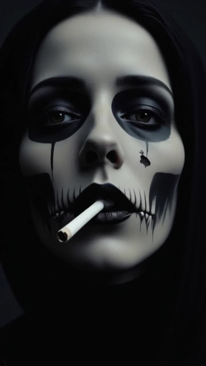 Woman exhales wisps of white smoke golden ember glowing like a fireball transformation revealing skeletal features hauntingly beautiful expression shifting into a skull visage intense emotions flickering in her eyes dimly lit room shadows dancing around her hazy atmosphere suffused with mystery remnants of life merging with death gothic elegance enveloping her figure captivating contrast between vitality and decay
