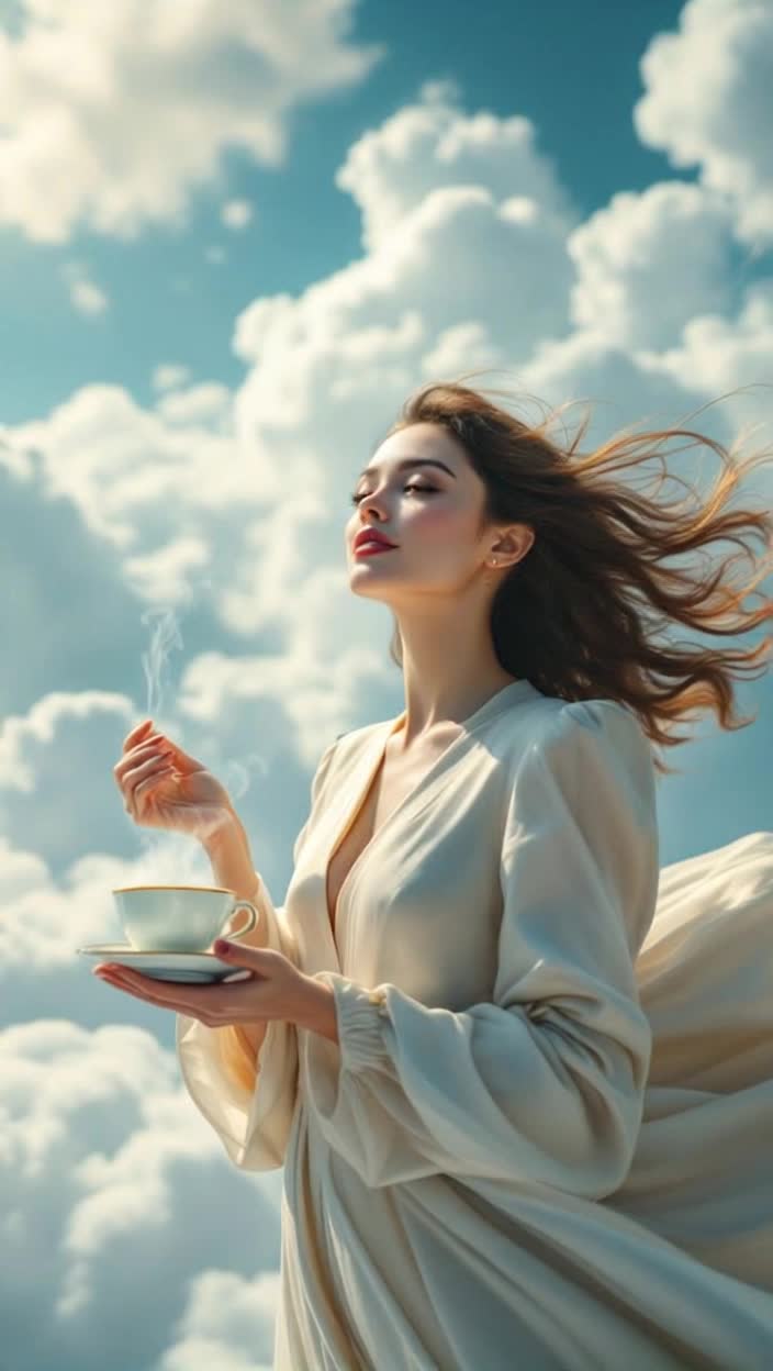 A lady is flying thru the air and clouds holding a fancy cup of tea