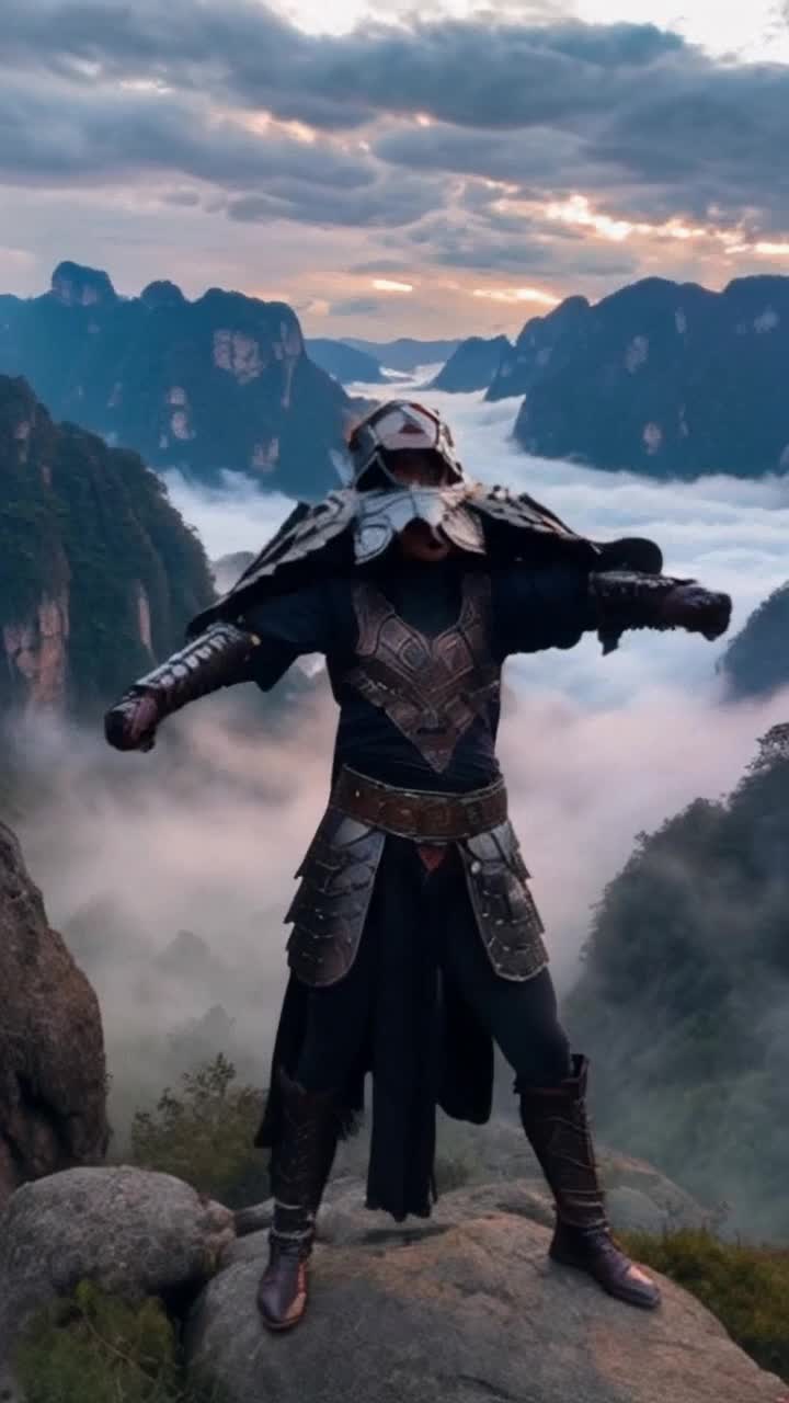 Sydney Sweeney adorned in warriorinspired armor with intricate designs striking a powerful pose shedding her armor with fierce determination amidst a breathtaking landscape of mistcovered mountains that radiate ethereal light showcasing bold colors of dawn illuminating her surroundings