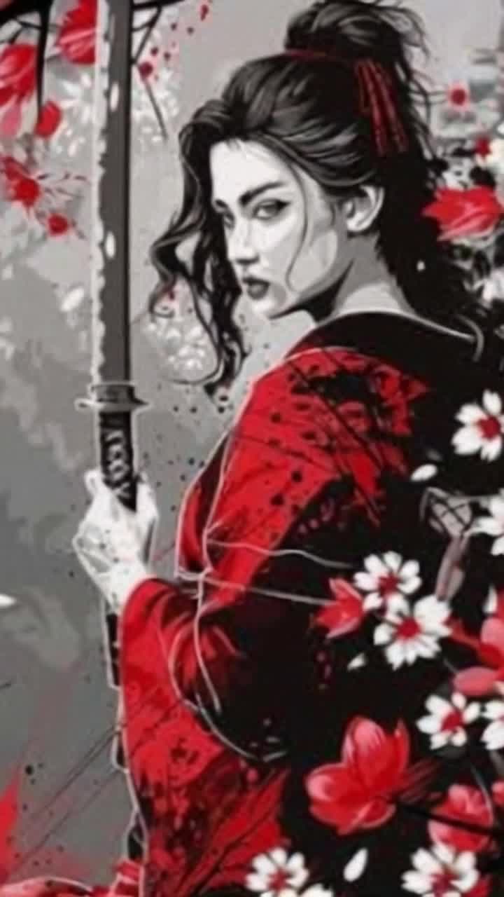 She artfully swings her samurai sword with supreme skill and ends a short demonstration with dramatic flair in a stance of poised balance