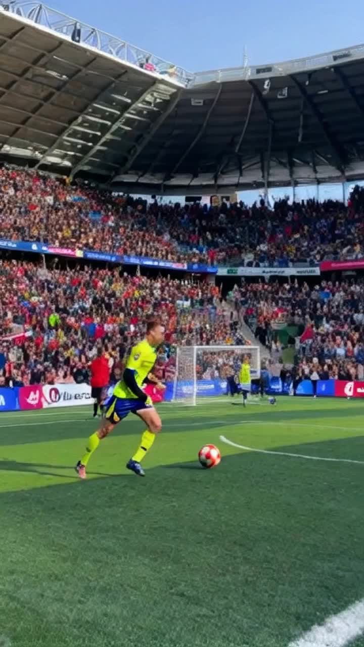 Iconic soccer player in bright uniform gracefully dribbling a soccer ball weaving through ronaldo defenders on a vibrant green pitch under a clear blue sky surrounded by cheering fans waving flags colorful stadium banners flying with excitement energizing atmosphere pulsating with anticipation