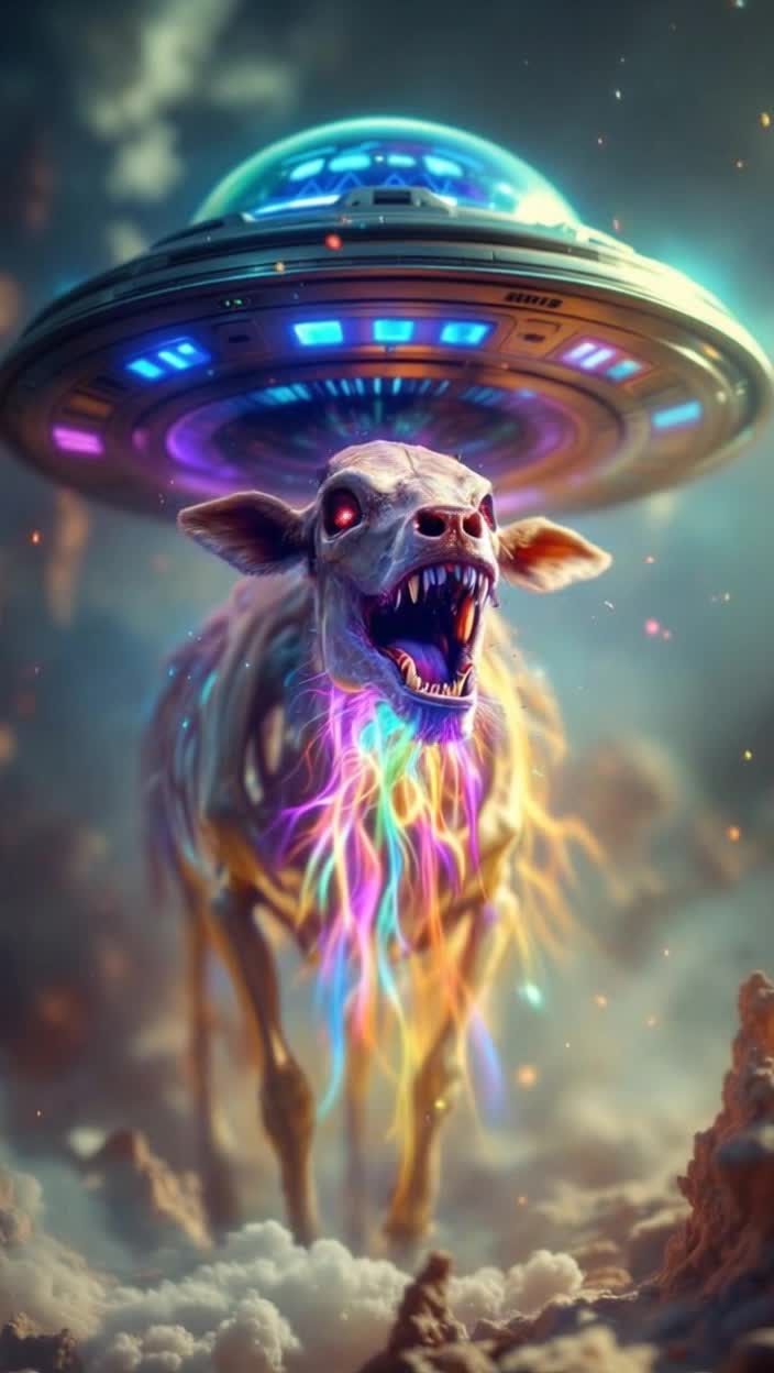 A cows skeleton floating up inside a ufo, the cow is vomiting out psychedelic colors and patterns from its mouth, cow skeleton being abducted by a ufo while puking psychedelic beewwbs 
