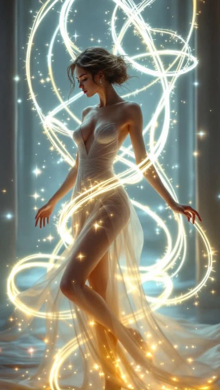 Radiant glowing ropes intertwining around a mesmerizing woman adorned in an exquisite sheer gown elegantly draping her form gracefully enhancing allure captivating movements sexually embracing her curves Ethereal lighting casting soft shadows creates an enchanting atmosphere highlighting intricate knots of ropes weaving artfully across her figure Dreamlike ambiance infused with an air of mystery soft whispers of silk and light intertwine forming an enchanting visual journey