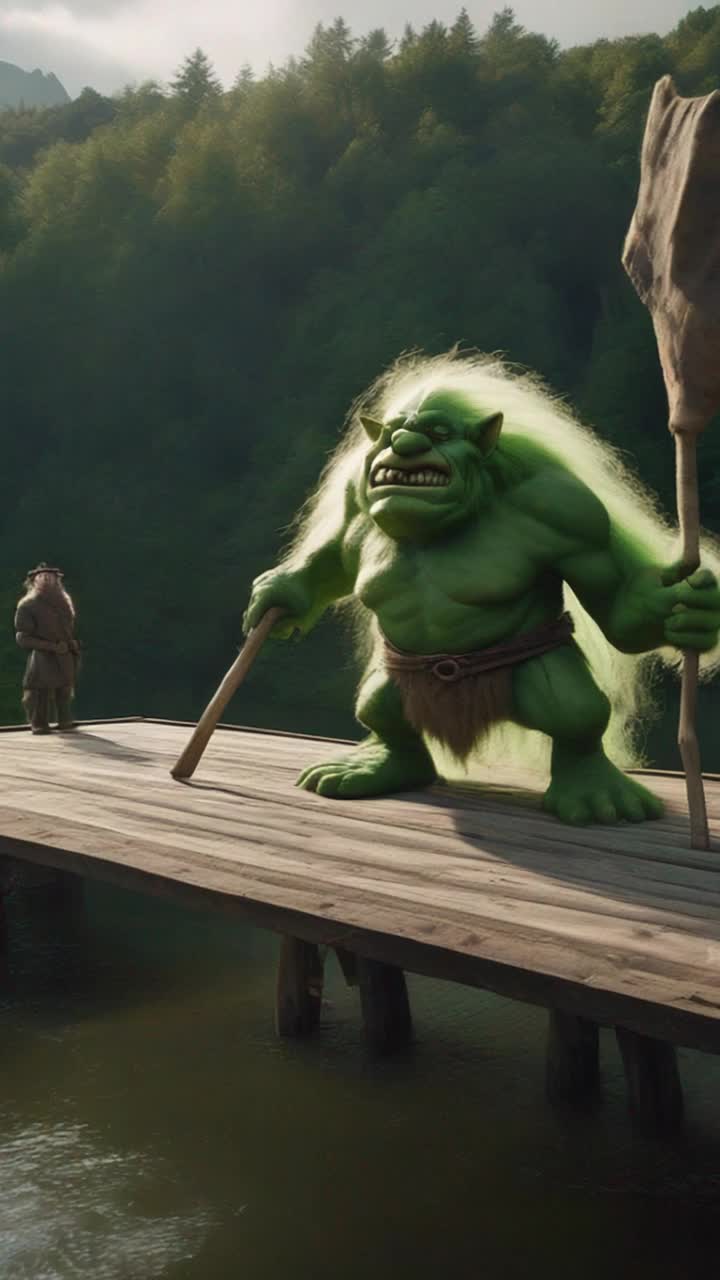 In medevil times a giant green troll guards a bridge whilst carrying a large wooden club