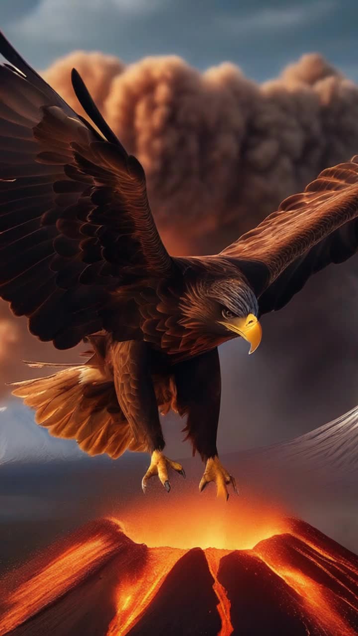 A majestic brown eagle flies from the erupting volcano in a cartoon sequence that mystifies and exhilarates The eruption comes after the eagle has left the crater the camera follows the eagle as it flies away 