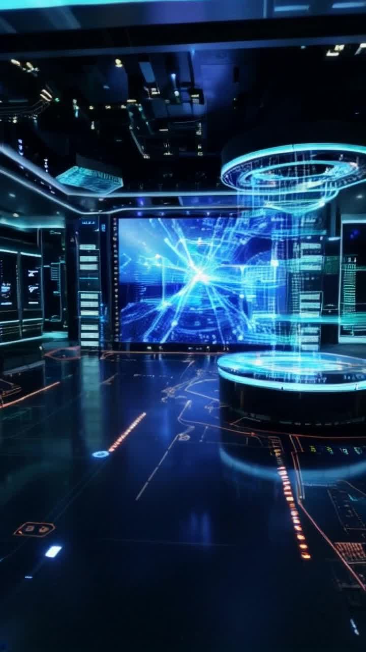 Dynamic AI interface showcasing intricate algorithms processing data streams Realtime transformation of video clips into breathtaking visuals Futuristic digital studio filled with holographic screens and glowing circuits