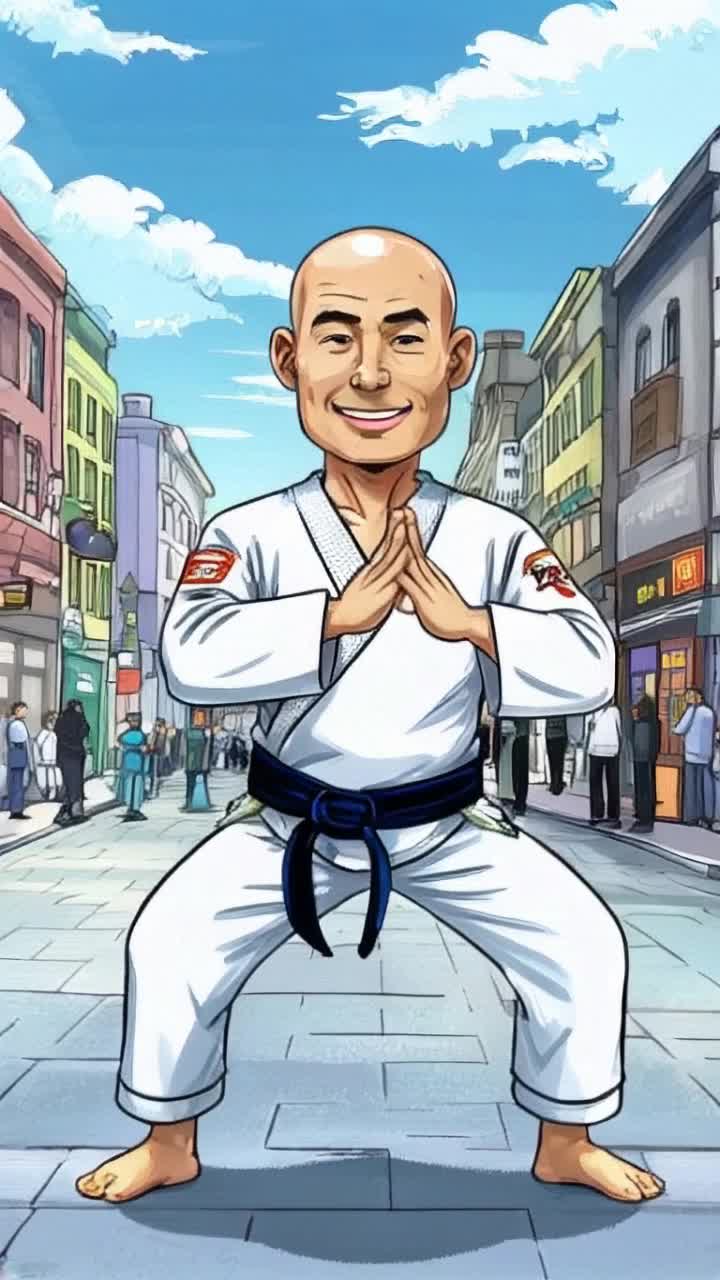 cartoon comic bald Asian man wearing white karate outfit bowing proudly in the middle of cartoon comic city streets