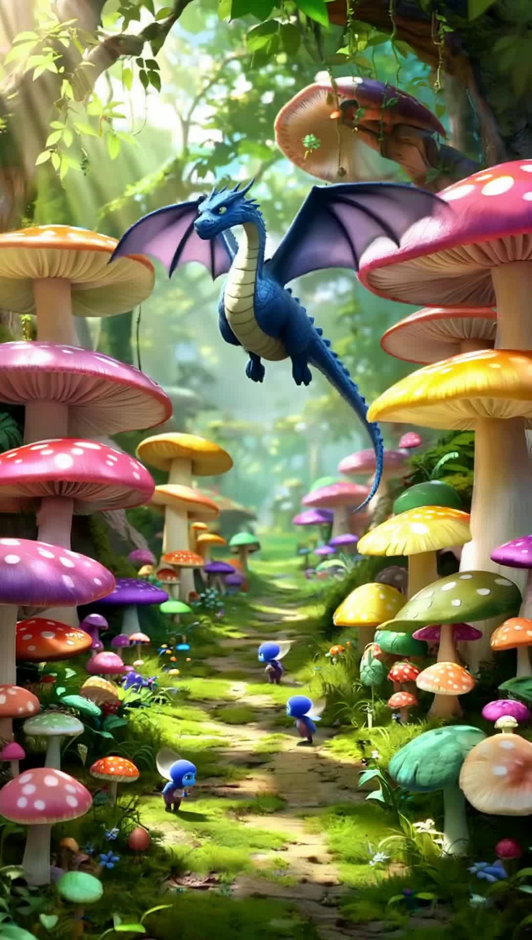 Majestic azure dragon gliding gracefully above vibrant mushroom forest shimmering under sunlight, Tiny blue smurfs scampering playfully among oversized colorful fungi, Dragon swooping down with powerful wings creating a gust of wind, Sunbeams filtering through leafy canopies casting enchanting patterns on the forest floor, Mushrooms in various sizes creating a whimsical scenery full of life, Soft rustling of leaves mingling with joyous laughter of smurfs echoing, Dragons scales glistening like sapphires as it prepares for capture in this magical realm bursting with color and adventure
