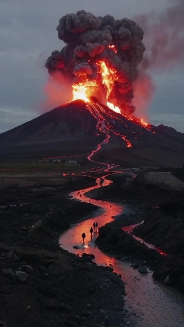 People walking faster than the slow moving lava, they carry what belongings they can as they reach waiting boats for evacuation Its such a mildly small eruption, the volcano has already worn itself out and magma cooling, houses and property will not