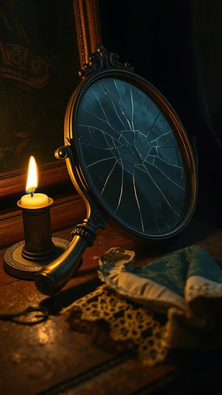 A cracked hand mirror rests atop a decaying vanity, its surface blurred by time and sorrow Faint streaks run down the glassas if tears had been shed into its reflection On the wooden surface below, dried droplets shimmer faintly, frozen midfall A lace handkerchief lies beside it, yellowed and brittle with age The room is dim, lit by a single candle unable to hold back the shadows The atmosphere is suffused with quiet mourninga grief that lingers like a perfume Gothic, melancholic, and intimate