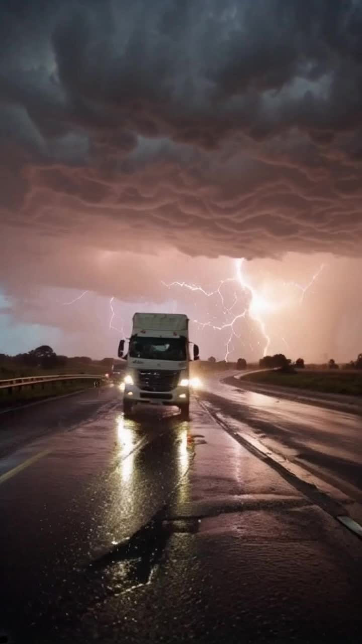 Generic white rental truck navigating treacherous highway dodging hazards along rainsoaked roadside unsettling winds howl through turbulent stormy skies dark clouds swirl with ominous lightning illuminating the scene intense raindrops hammering against metal roof tires splashing through deep puddles highway illuminated by fleeting glimmers of lightning as shadows dance chaotic energy surrounds anxious drivers gripping their wheels tightening their focus on the road ahead