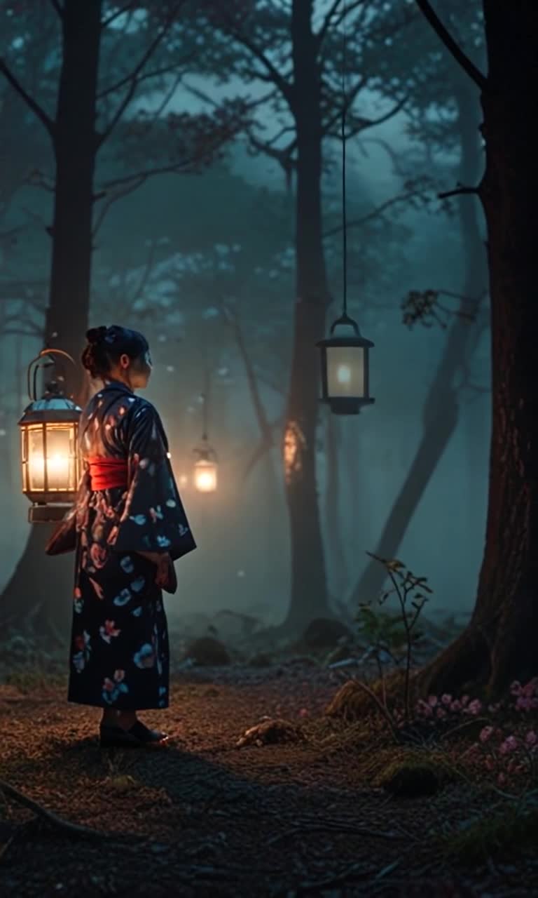 Elegant woman with dark hair adorned in an intricately styled traditional kimono features whimsical eerie designs intertwining florals with dark tones glides gracefully through a surreal forest oversized cherry blossoms loom above twisted trees sway gently floating lanterns cast a soft glow dim lighting enhances high contrast creating a moody atmospheric scene infused with vintage 1980s cinematic nostalgia film grain dances across muted colors mystical ambiance envelops her whimsical presence wrapped in shadows hints of magic fill the air whispering dark secrets throughout the enchanted grove