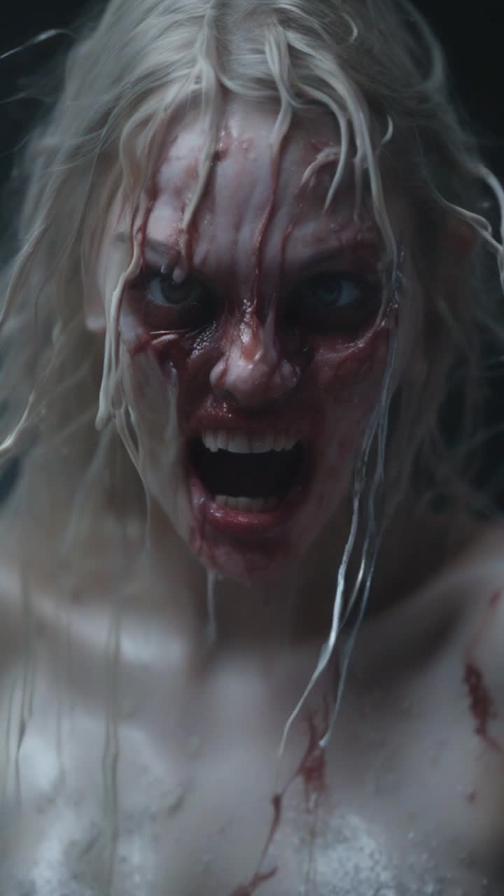 Possessed by a demon the girls head turns a full rotation as she spits a slimy goop, her disheveled hair flows in the breeze as her head turns a full rotation and keeps turning, her wild eyes follow the motion as her head spins a full rotation