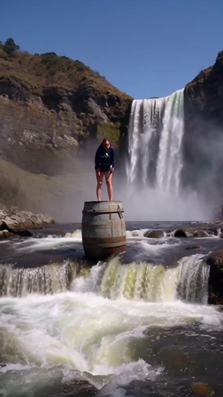 Terrified woman peering wideeyed from a weathered barrel plunging headfirst toward churning waters of Niagara Falls Heart pounding gasp escape lips as adrenaline surges through veins Cascading torrents crashing below shrouded in mist vivid rainbows arching in turbulent spray sunlight glimmering off jagged rocks surrounding roaring water creating a breathtaking yet perilous backdrop