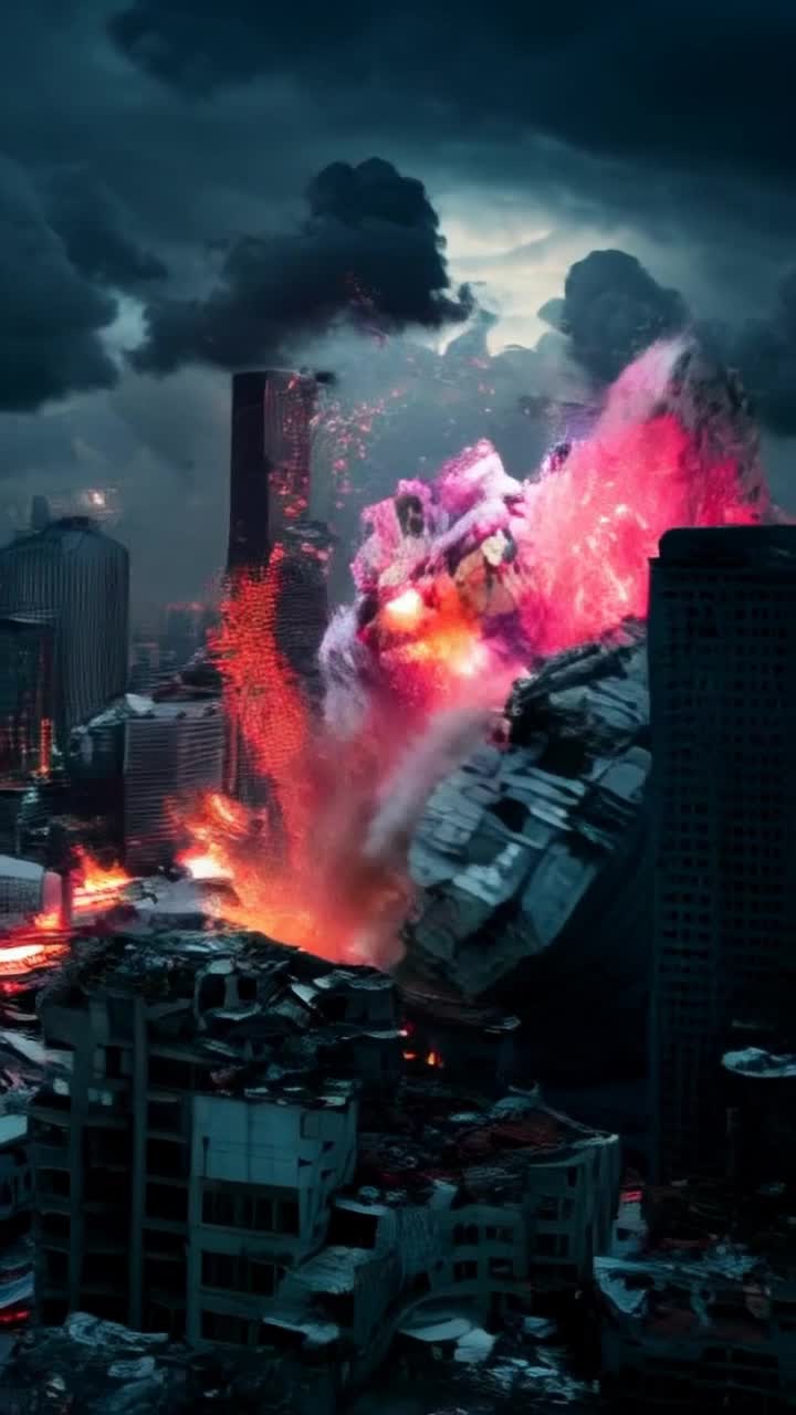 Colossal brain pulsating with vibrant colors drifting through urban landscape  Smashing buildings leaving trails of debris and chaos swirling around  Skyscrapers crumbling under immense pressure dark clouds gathering above as sirens wail  