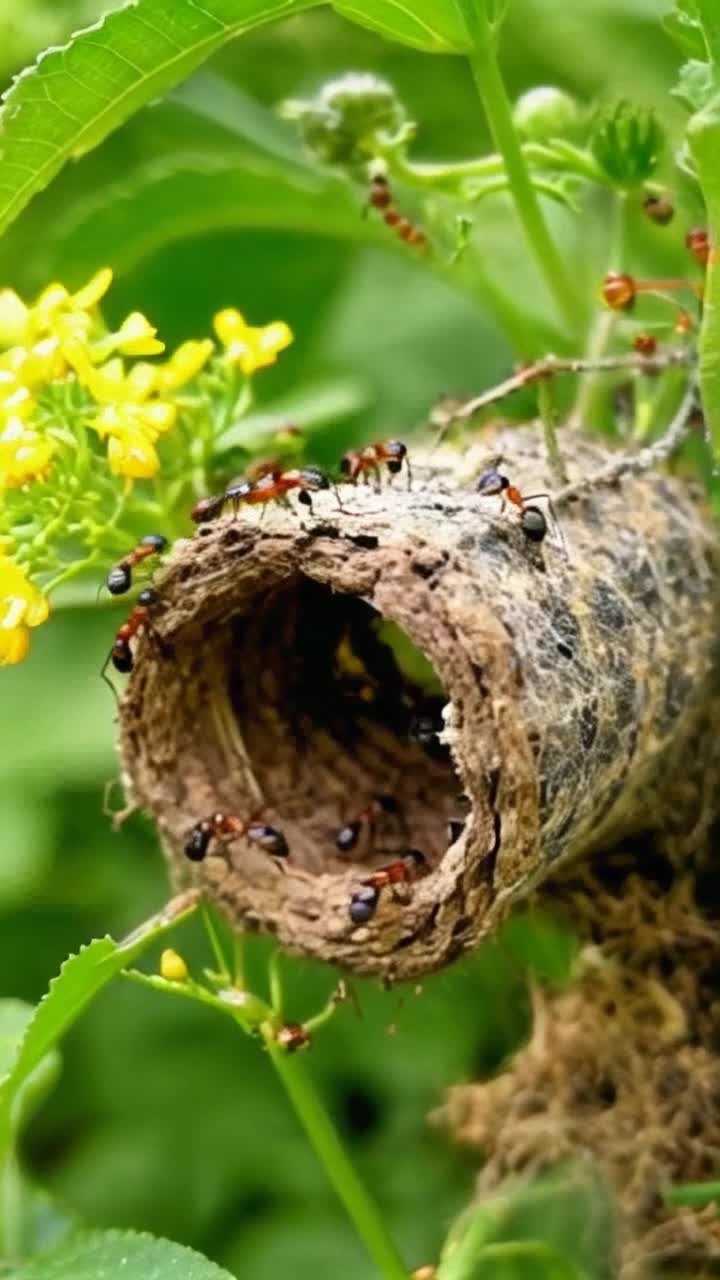 Buzzing colony of industrious ants bustling with energy carving intricate tunnels and gathering tiny morsels within their bustling nest vibrant with earthy tones radiant drone ant hovering above observing with keen interest in sundappled forest floor surrounded by lush greenery and vibrant wildflowers creating a lively atmosphere of teamwork and excitement