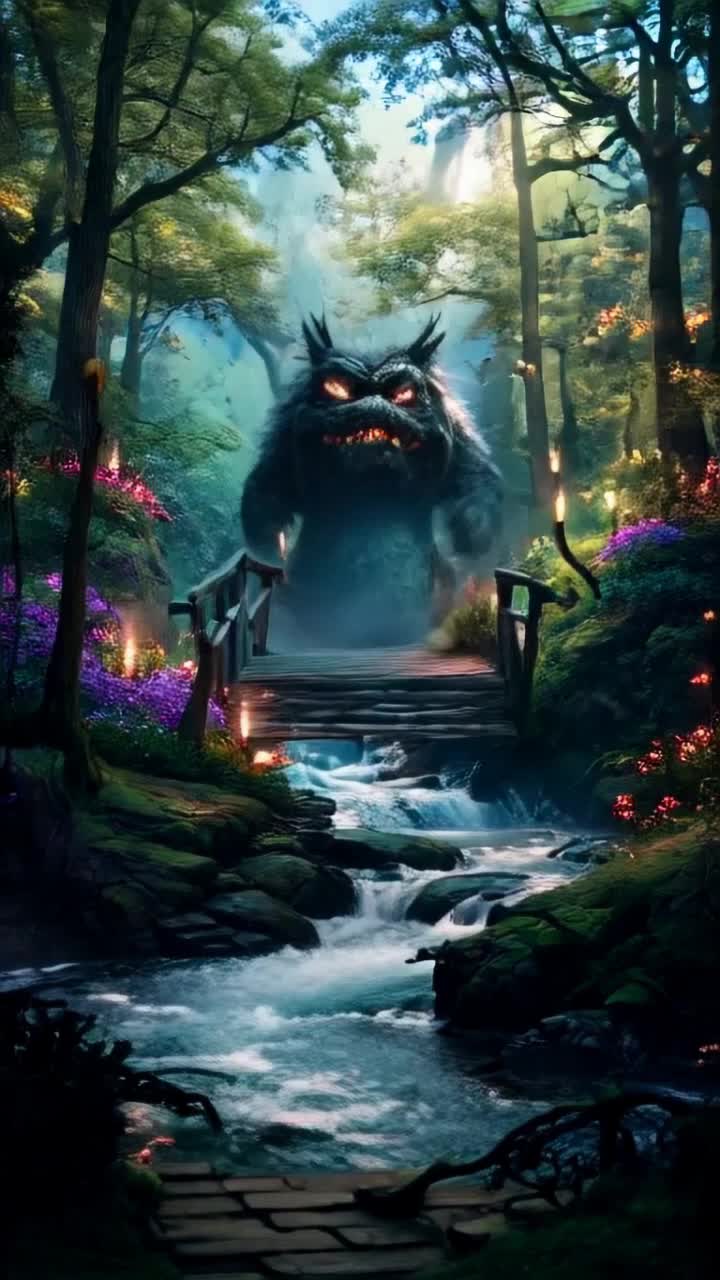 Footbridge adorned with glowing flowers and shimmering lights enchanted by a mystical aura TROLL towering menacingly with a wide grin as he blocks access to the bridge mockingly laughing at frustrated travelers Below a sparkling stream flows gently reflecting the vibrant colors of the forest casting dancing shadows 