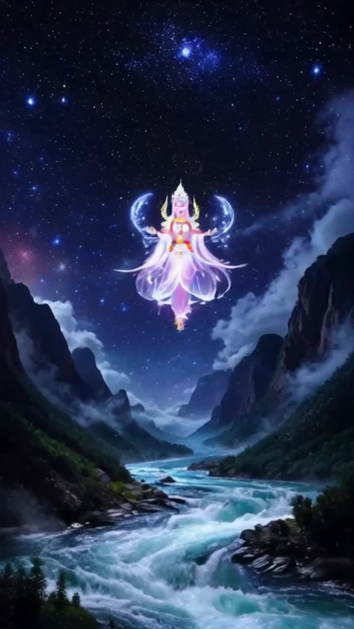 Majestic deity adorned in ethereal light glowing radiance illuminating sky surrounded by celestial stars swirling in cosmic dance worshippers kneeling in reverence chanting sacred incantations echoing through the heavens majestic mountains standing watch over serene valleys tranquil rivers flowing with shimmering waters reflecting divine presence harmony enveloping the scene