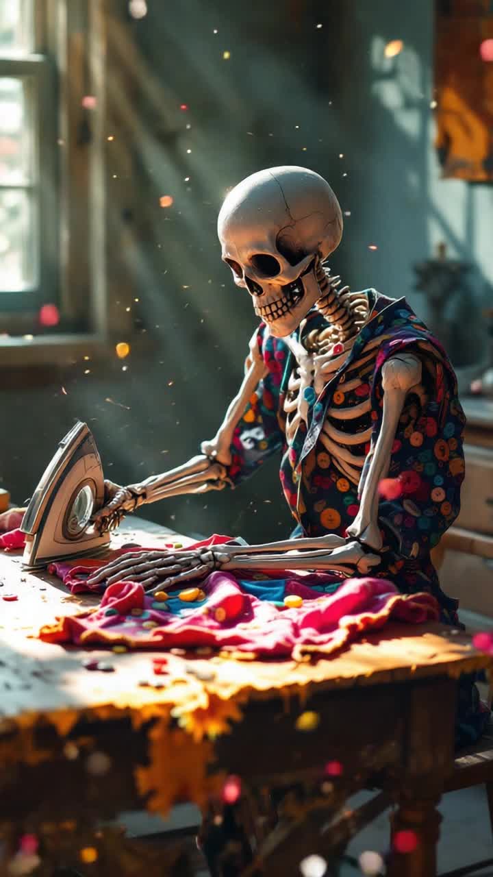 Whimsical skeleton with colorful bones expertly ironing a vibrant shirt with a vintage iron Frayed edges of an old wooden table adorned with quirky fabric swatches and buttons Sunlight streaming through a nearby window illuminating dust particles dancing in the air