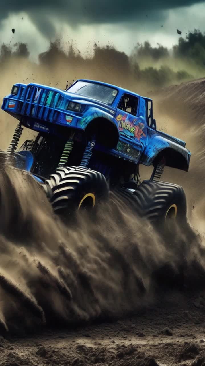 Majestic black blue neon green bulldozer monster truck Thunderous engine growls tires grip slick muddy terrain Launches off a massive mound soaring elegantly through turbulent skies Flips end over end brilliant colors flashing against swirling clouds Mud splashes erupting in every direction Surrounded by a chaotic muddy racetrack lined with enthusiastic spectators Hands raised in excitement faces lit with joy Adrenaline surging through the electrifying atmosphere as cheers echo filling the air