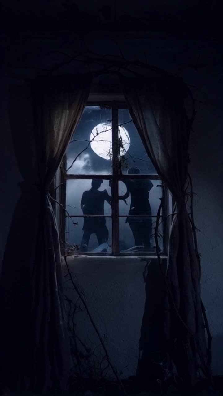 Eerie cracked window surrounded by twisting dark vines reflecting ghostly moonlight Terrifying silhouettes press against glass as shadows writhe and shiver Unearthly whispers echo through night air chilling spine Tattered curtains flutter ominously in cold breeze while storm clouds gather above
