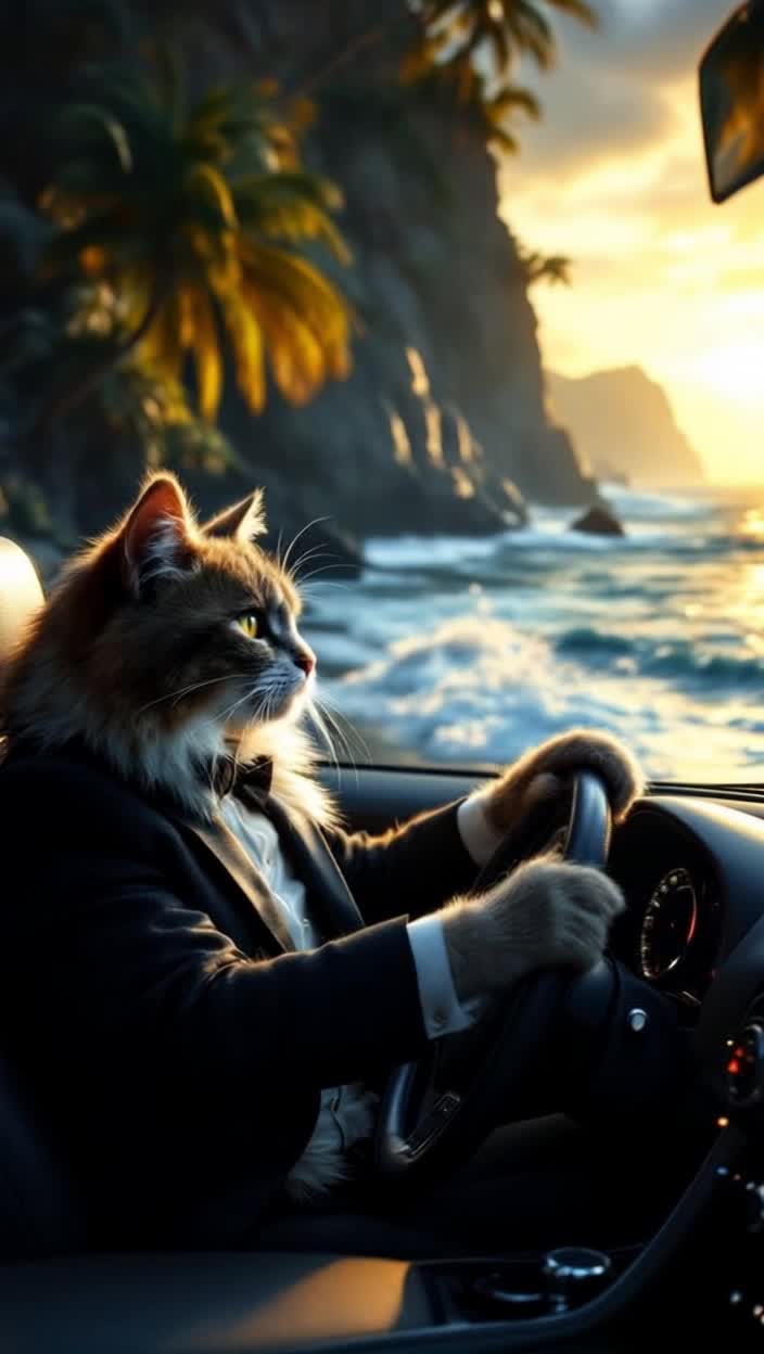 Dapper tuxedoclad feline with slicked fur gripping sleek steering wheel, confidently navigating winding coastal road Glittering ocean waves crashing against rugged cliffs glisten under the golden sunset Luxurious car with polished chrome detailing racing past vibrant tropical trees swaying gently in the breeze Soft purring sound blends with the hum of the engine as the scene shifts to luxurious interior adorned with plush leather seats Bright dashboard lights illuminate the furrowed brow of the stylish cat, focused and composed, embodying elegance and charm on this adventurous journey
