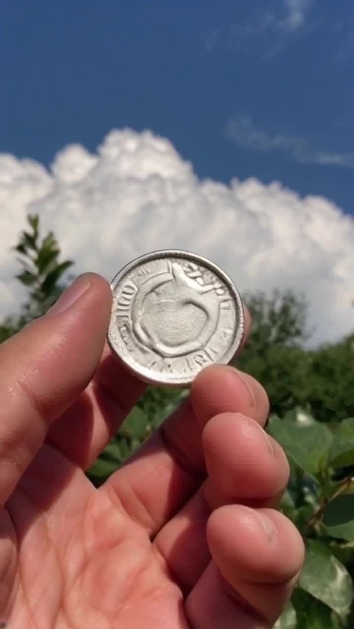 Shimmering silver coin glinting under sunlight captured midair spinning gracefully between elegant phalanges Hand flicks upward bringing energy and excitement as coin ascends twirling Soft breeze rustles nearby leaves creating a lively atmosphere Glorious blue sky framed by fluffy white clouds provides a serene backdrop enhancing the coins dazzling flight