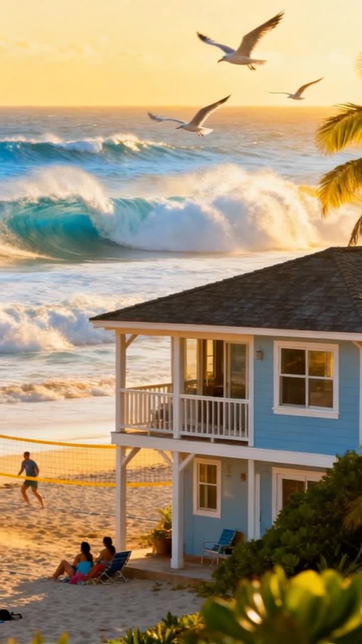 Excellent surfing waves roll in towards a sandy beach, where a volleyball game attracts the lazy gaze of sun bathers