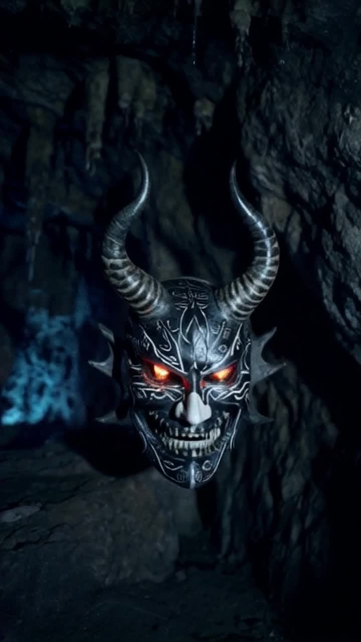 Sinister black and white mask adorned with twisted horns piercing sharp teeth glistening with dark sludge haunting glowing evil eyes filled with malice intricate engraved runes spiraling across surface emanating an aura of dread menacingly advances towards viewer shadows flickering in dimly lit cavern stone walls slick with moisture echoing distant dripping sounds whispering secrets of ancient curses